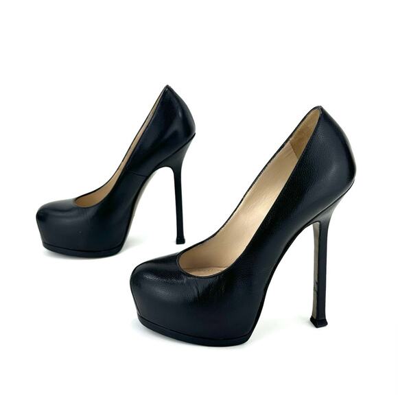 Yves Saint Laurent YSL "TRIBTOO" BLACK CAVIAR LEATHER STILETTOS PLATFORMS PUMPS - Picture 2 of 16